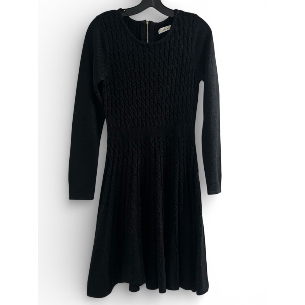 Calvin Klein Black Cable‎ Knit Sweater Dress Long Sleeve Fit Flare Small